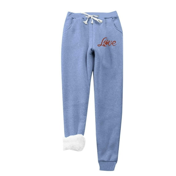 IROINNID Sales Fleece Sweatpants for Women Casual Jogger Love Printing Leggings Drawstring Waist Thick Warm Elastic Pants with Pockets,Blue