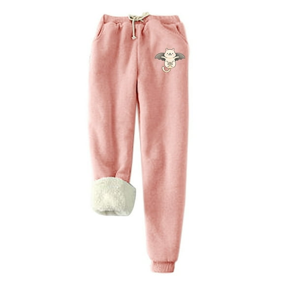 IROINNID Sales Fleece Sweatpants for Women Thermal Printed Winter Pants Lamb Fleece Elastic Thickened Plush Warm Sweatpants,Pink