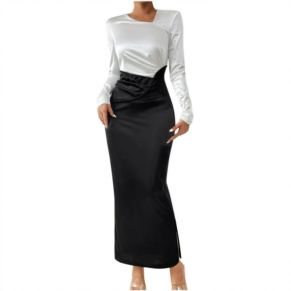 IROINNID Sales Formal Dress for Women Wedding Guest Evening Party Formal Dress Elegant Long Sleeve Solid Color Matching Fake Two Piece Long Waist Wrap Hip Skirt,Black