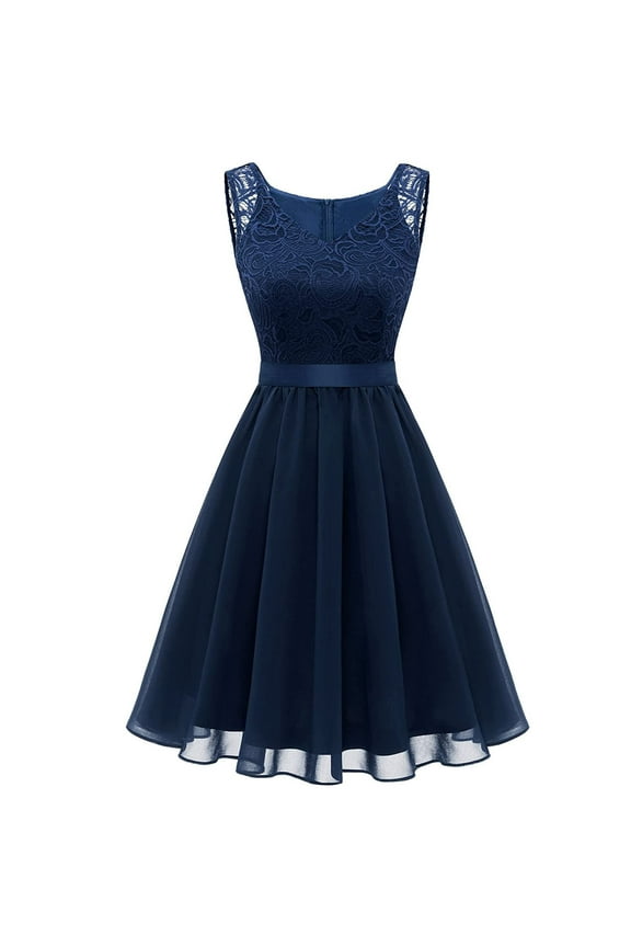 Formal Dress for Women Wedding Guest Evening Night Party Dress Elegant Lace Sleeveless Cocktail Prom Ballgown Vintage Dress,Navy