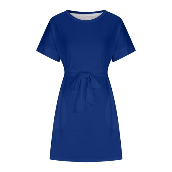 IROINNID Sales Formal Dress for Women Wedding Guest Evening Night Party Dress Trendy Lace Up Round Neck Short Sleeved Waistband Dress,Blue