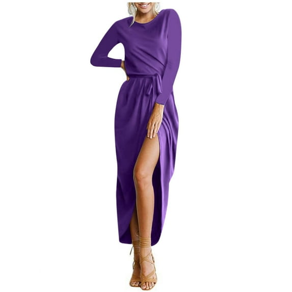 IROINNID Formal Dress for Women Wedding Guest Evening Party Formal Dress Round Neck High Waist Bandage Solid Color Split Dress,Purple