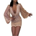 thumbnail image 1 of IROINNID Formal Dress for Women Wedding Guest Evening Party Formal Dress Solid s Comfy Long Sleeve V -Neck Sequin Out Slim Mini Dress,Beige, 1 of 6