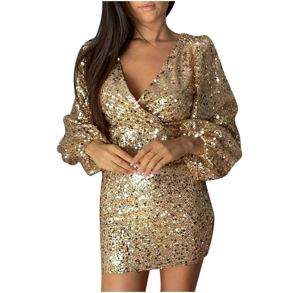 IROINNID Formal Dress for Women Wedding Guest Evening Party Formal Dress Solid s Comfy Long Sleeve V -Neck Sequin Out Slim Mini Dress,Gold
