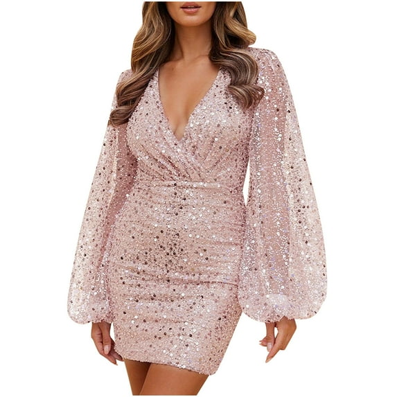 IROINNID Sales Formal Dress for Women Wedding Guest Evening Party Formal Dress Solid s Comfy Long Sleeve V -Neck Sequin Out Slim Mini Dress,Pink