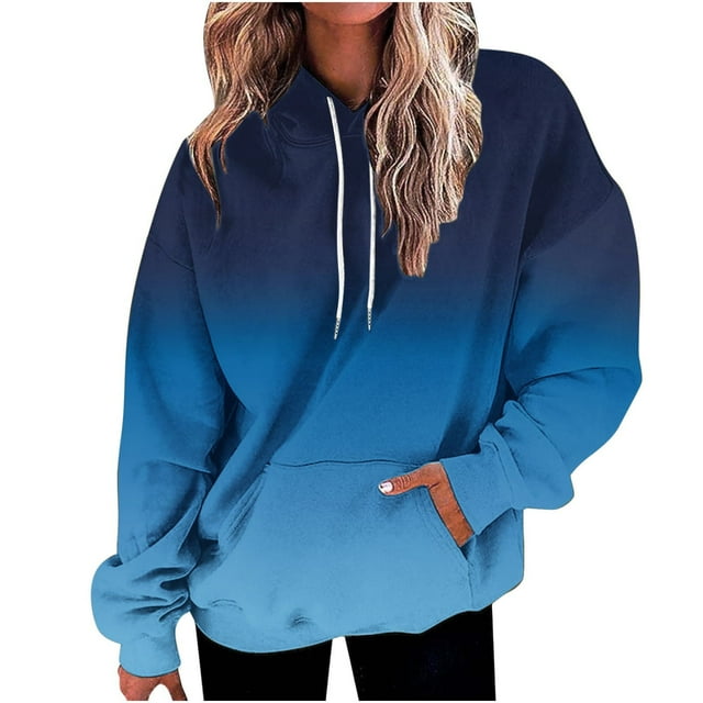 IROINNID Sales Hoodie for Women Fall And Winter Long Sleeve Gradient Hooded Tops Casual Versatile Loose Fit Daily Pullover with Pocket,Blue