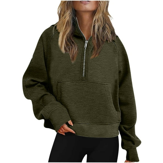 IROINNID Sales Hoodie for Women Half Zipper Loose Hoodies Winter Fall Solid Plain Basic Pullover Hooded Tops,Green