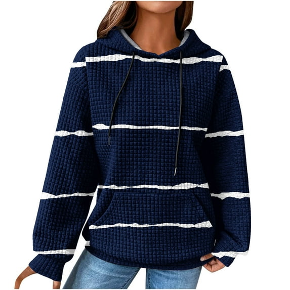 IROINNID Sales Hoodie for Women Stripe Long Sleeve Drawstring Hoodie Casual Waffle Pullover Tops,Navy