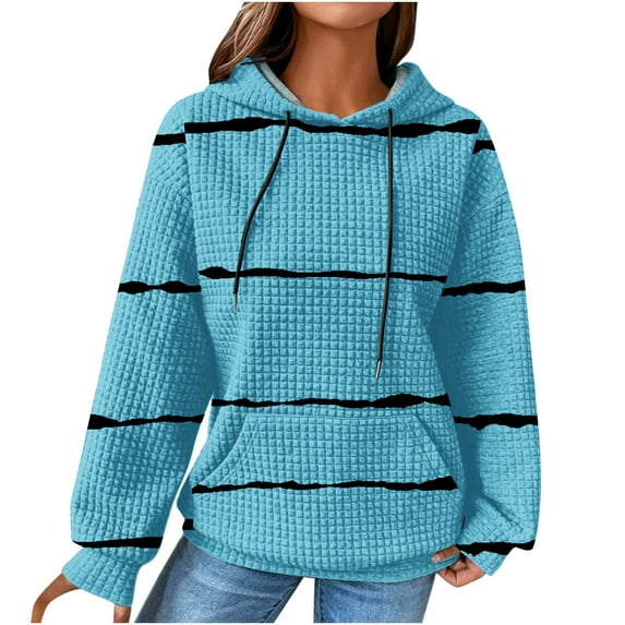 IROINNID Sales Hoodie for Women Stripe Long Sleeve Drawstring Hoodie Casual Waffle Pullover Tops,Sky Blue