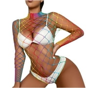 IROINNID Sales Lingerie for Women Classy Babydoll Ladies Sexy Lingerie Fishnets Gradient Color Hollow Sexy Long Sleeves Mesh Jumpsuit Lingerie,Multicolor