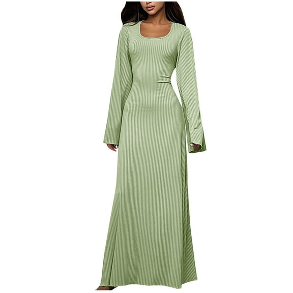 IROINNID Long Sleeve Dress for Women Fall Dress Full-Length Formal Dress Spring Round-Neck Solid Slimming Long Sleeve Dress,Green