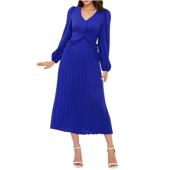 IROINNID Sales Long Sleeve Dress for Women Knee-Length Formal Dress V Neck Long Sleeve Solid Pleated Dresses,Blue