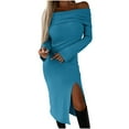 thumbnail image 1 of IROINNID Sales Long Sleeve Dress for Women Knee-Length Formal Dress Winter Solid Long Sleeve One-shoulder Slit Long Dresses,Sky Blue, 1 of 7