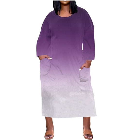 IROINNID Long Sleeve Dress for Women Plus Size Dress Full-Length Shift Dress Round-Neck Loose Fit Dress,Purple