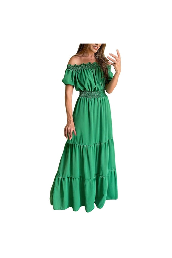 Maxi Dress for Women Wedding Guest Birthday Dress Short-sleeved Off Shoulder Solid Ankle Length Empire Dress,Green