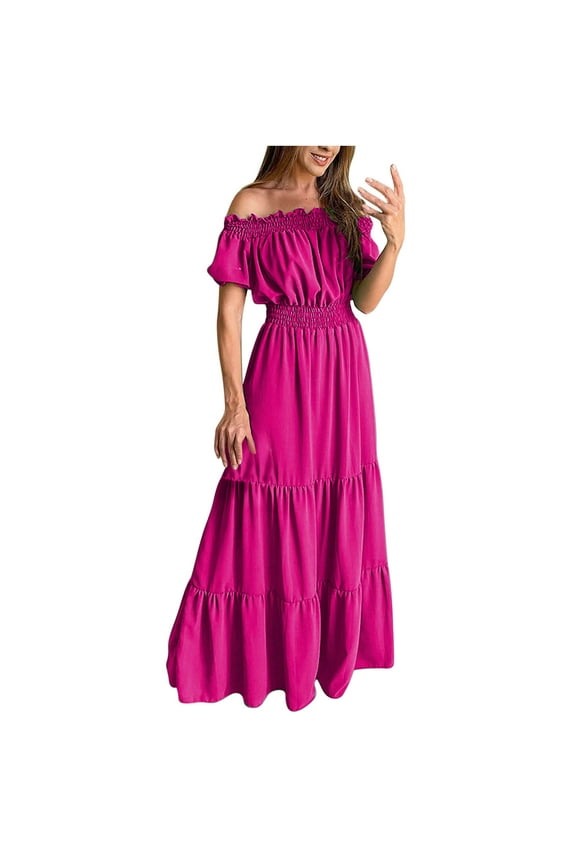 Maxi Dress for Women Wedding Guest Birthday Dress Short-sleeved Off Shoulder Solid Ankle Length Empire Dress,Hot Pink