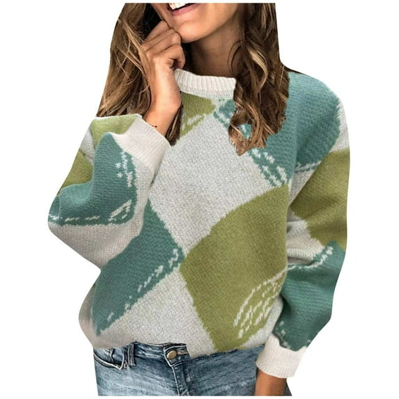 IROINNID Sales Pullover Sweater for Women Winter Fall Crewneck Long Sleeve Casual Plaid Pullover Warm Loose Leisure Sweater,Green