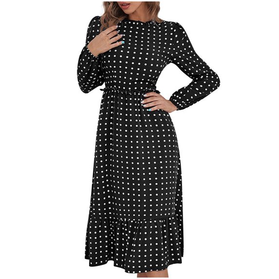 IROINNID Sales Semi Formal Dress for Women Long Sleeve A-Line Dress V-Neck Printing Dress Loose Dress,Black