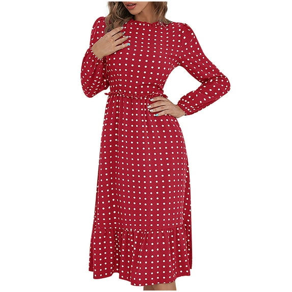 IROINNID Sales Semi Formal Dress for Women Long Sleeve A-Line Dress V-Neck Printing Dress Loose Dress,Burgundy