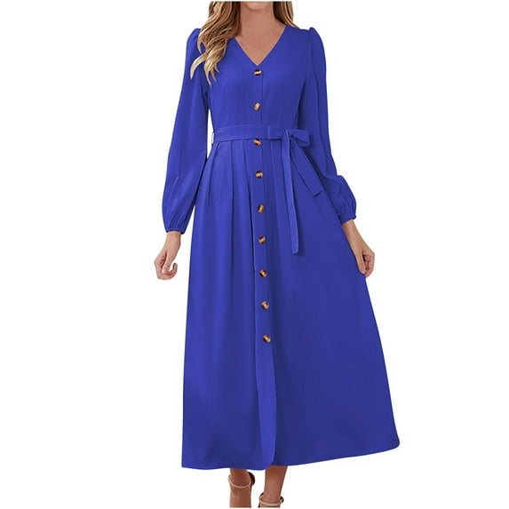 IROINNID Long Sleeve Dress for Women Fall Dress Full-Length Shirt Dress Sexy Vintage V Neck Long Sleeve Solid Dresses,Blue