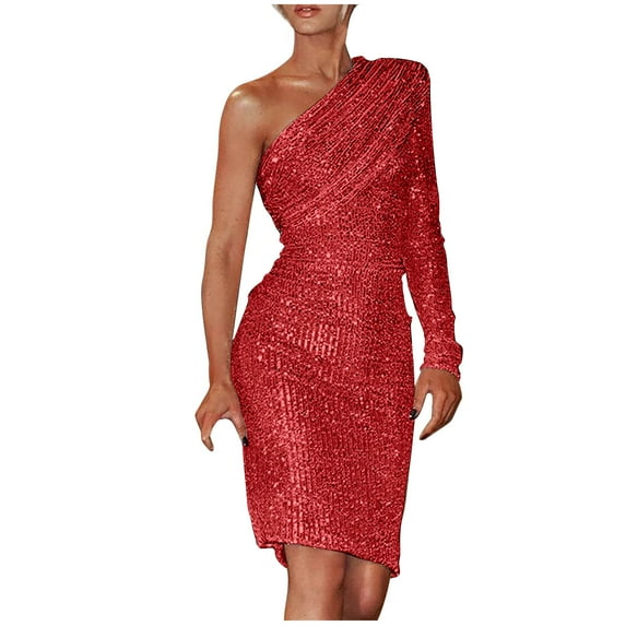 IROINNID Sales Sequin Dress for Women Sexy Club Night Single Shoulder Long Sleeve Sequin Cultivate One's Moral Character Dress Sequin Dress,Red