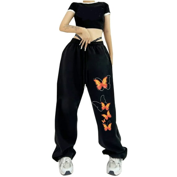 IROINNID Sales Sweatpants for Women Ladies Pants Hippie Punk Trousers Streetwear Jogger Pocket Solid Loose Overalls Long Pants,Black