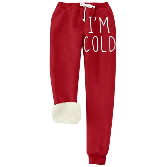 IROINNID Sweatpants for Women Thermal Solid Color Fleece Pockets Plus-Size Bandage Elastic Waist Casual Pants Leggings,Red