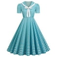 thumbnail image 1 of IROINNID Sales Wedding Guest Dresses for Women Evening Night Formal Fall Dress Plaid Printed Short Sleeve Puff Sleeve V-Neck Ladies Dress Trendy A-Line Dress,Sky Blue, 1 of 9
