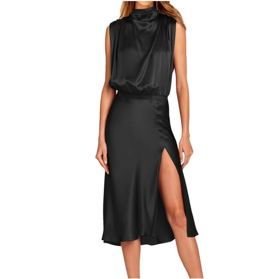 IROINNID Wedding Guest Dresses for Women Evening Night Party Dress Backless Loose Sleeveless Solid Knee-High Split Dress Trendy Formal Dress,Black