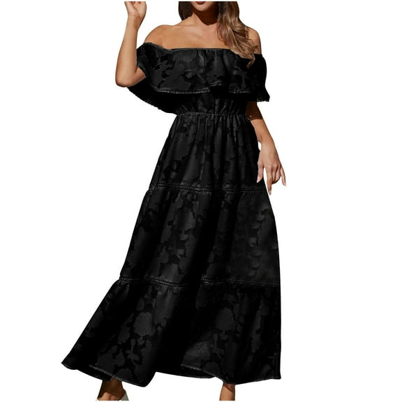 IROINNID Wedding Guest Dresses for Women Formal Evening Night Dress Off Shoulder Solid High Slit Waist Ruched Bodycon Evening Party Short Sleeve Dresses Elegant A-Line Dress,Black