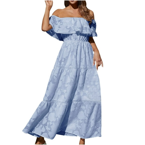 IROINNID Wedding Guest Dresses for Women Formal Evening Night Dress Off Shoulder Solid High Slit Waist Ruched Bodycon Evening Party Short Sleeve Dresses Elegant A-Line Dress,Light Blue