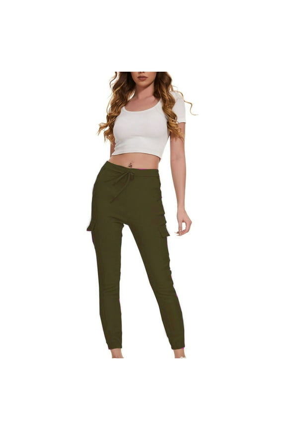 Women's Cargo Pants Multi Bag Work Suit Pants Elastic Waist Lace Up Pants Long Pants,Olive Green