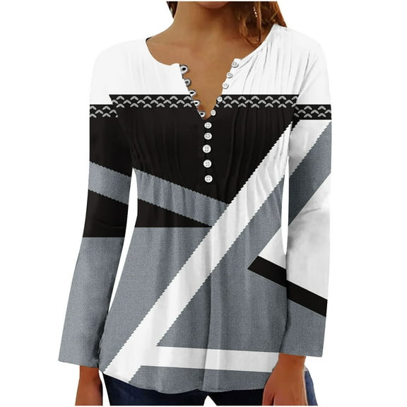 IROINNID Women's Fall Tops Long Sleeve Christmas Printed V-neck Tunic Tops Casual Loose Fit Button Comfy Pleated Top,Black