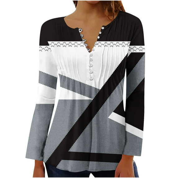 IROINNID Sales Women's Fall Tops Long Sleeve Christmas Printed V-neck Tunic Tops Casual Loose Fit Button Comfy Pleated Top,White