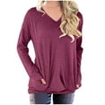 thumbnail image 1 of IROINNID Sales Women's Fall Tops Long Sleeve Oversized Base Shirts Solid Workout Sweatshirts Casual Basic V-Neck Loose Fit Tops with Pocket,Purple, 1 of 5