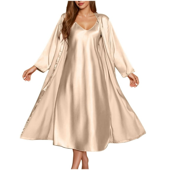 IROINNID Satin Nightgown and Robe Sets for Women 2 Piece Soft V-Neck Silk Slip Dress Long Chemise Sleepwear Two-piece Pajamas Suit(Beige,L)