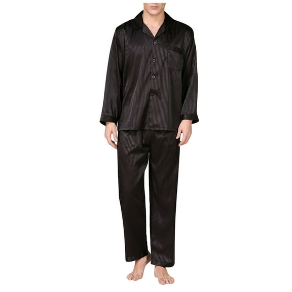 IROINNID Satin Pajamas Set for Men Two-Pieces Casual Long Sleeve Tops and Pants With Pockets Button Closure Sleepwear Set,Black