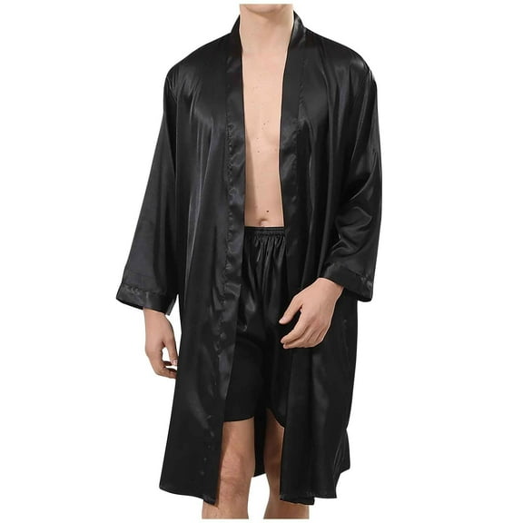 IROINNID Satin Pajamas Sets for Men Two-Pieces Wrap Front Robe with Shorts Casual Silk Sleepwear Set,Black