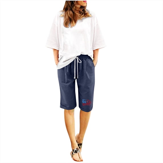 IROINNID Savings Bermuda Shorts for Women Summer Printed Five Points Large Size Cotton Linen Pants Pants Shorts,Navy