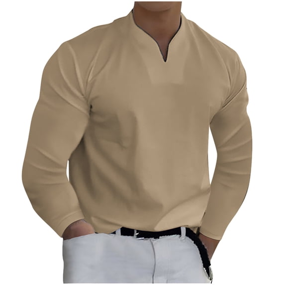 IROINNID Savings Button Down Shirts for Men Shirt Solid Long Sleeve V-Neck Pullover Blouse Tops,Khaki