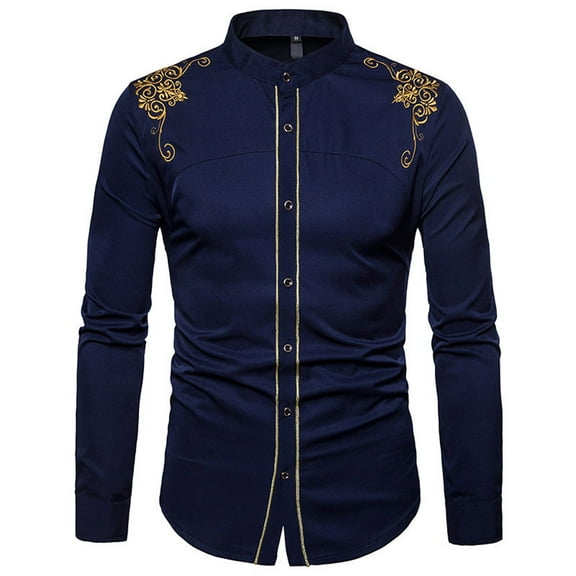 IROINNID Button Up Shirts for Men Slim Fit Long Sleeve Button Down Dress Shirts Tops With Embroidery,Navy