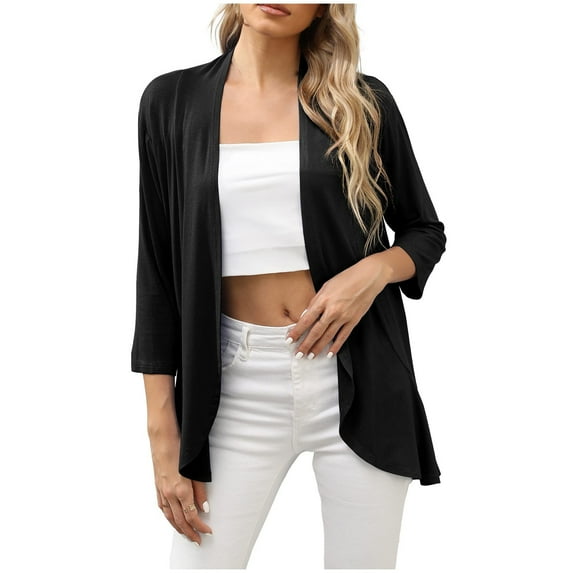 IROINNID Savings Cardigan Outfits for Women 3/4 Sleeve Comfortable Solid Color Cardigan Top Blouse,Black