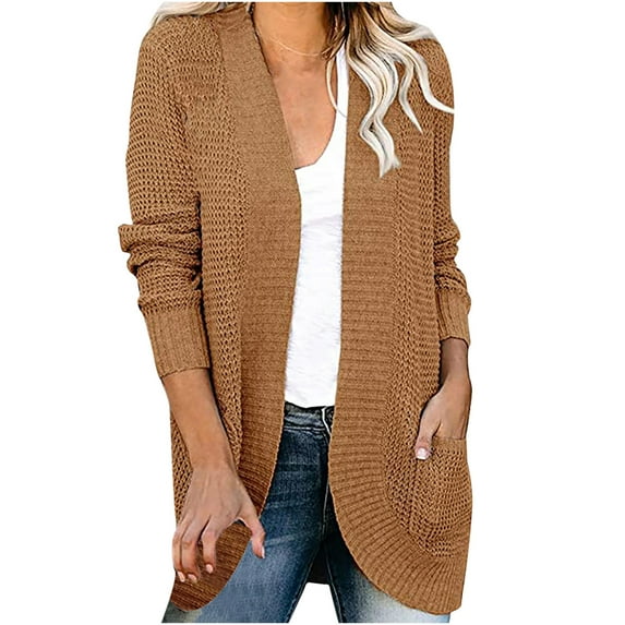 IROINNID Savings Cardigan for Women Solid Long Sleeve Pocket Plush Long Knit Cardigan Sweater,Brown