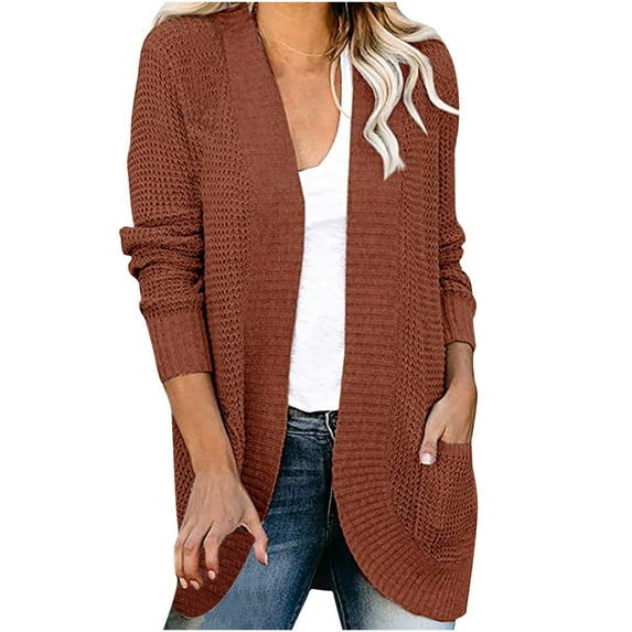 IROINNID Savings Cardigan for Women Solid Long Sleeve Pocket Plush Long Knit Cardigan Sweater,Red