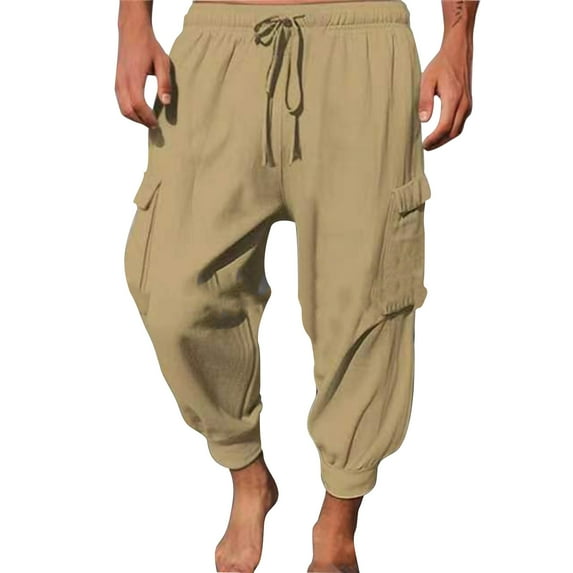 IROINNID Savings Cargo Pants for Men Solid Color Sport Loose Threaded Leg Drawstring Solid Color Cargo Eighths Length Pants,Brown