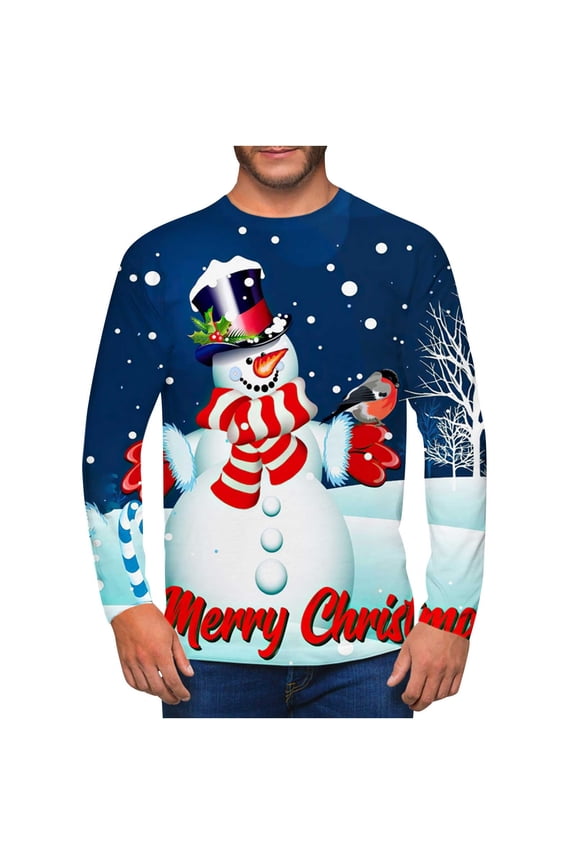 Christmas Sweater for Men Round Neck Pullover 3D Printed Realistic Print Tops,Blue