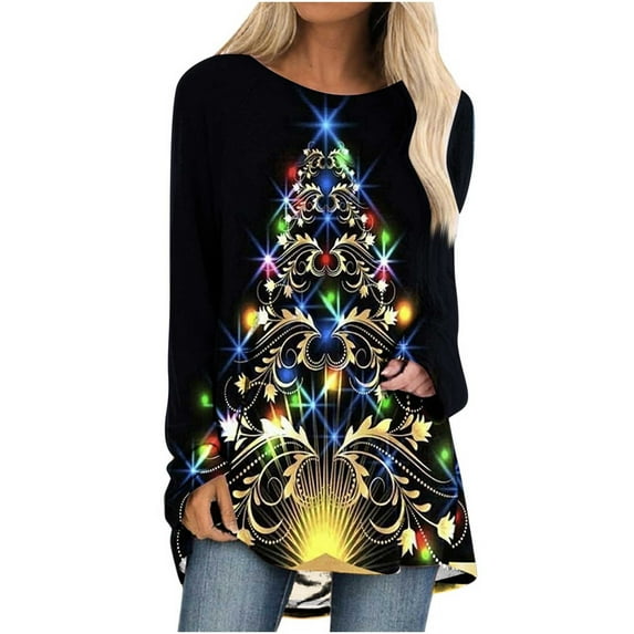 IROINNID Savings Christmas Tunic Tops for Women Christmas Long Sleeve Crewneck Tops Xmas Tree Printed Pullover,Black