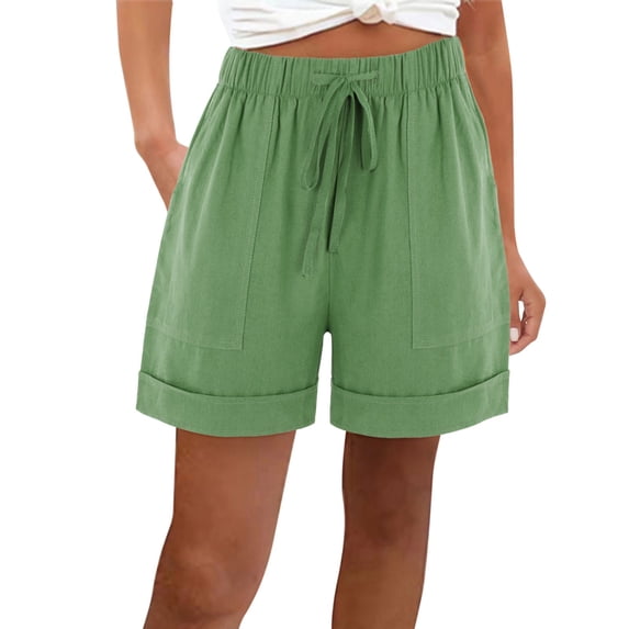IROINNID Cotton Shorts for Women Summer Loose With Pockets Drawstring Solid Elastic Waist Pants Short Pants,Green