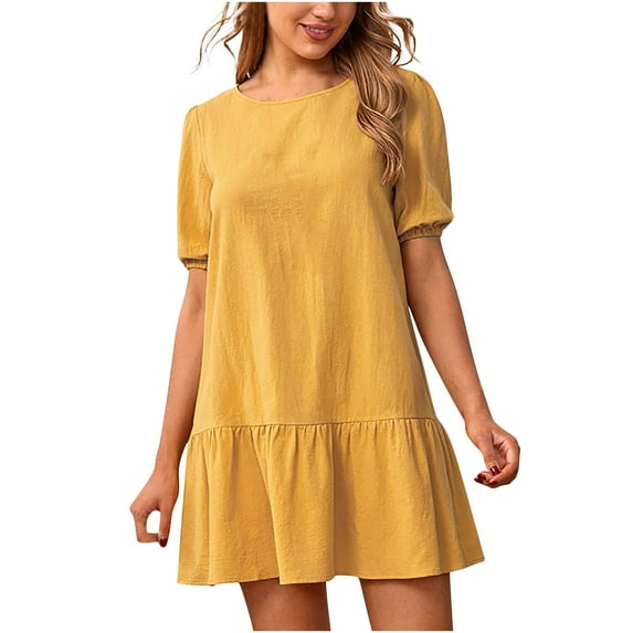 IROINNID Savings Dress for Women 2023 Casual Cocktail Wedding Guest Dress Summer Loose Fit Dress Cotton Linen Round Neck Short Sleeve Fit&Flare Dress,Yellow