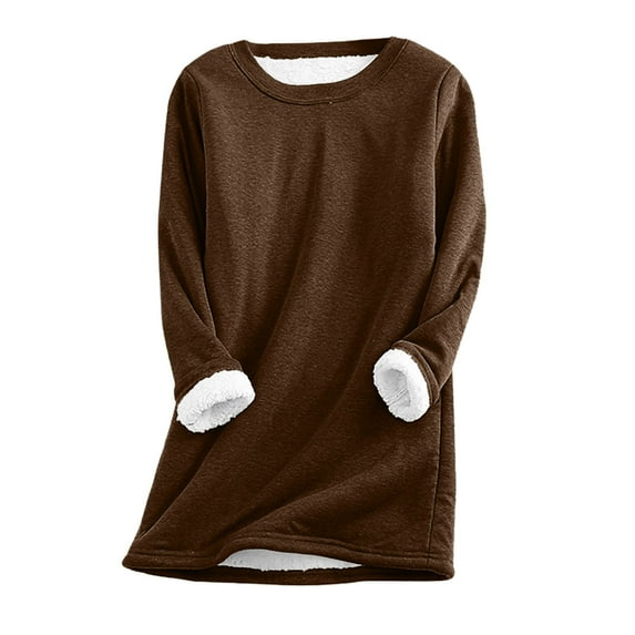 IROINNID Savings Fall Shirts for Women Long Sleeve Tops Loose Fit Winter Warm Plush Top Thickened Lamb Wool Thermal Crewneck Pullover Sweatshirt,Coffee